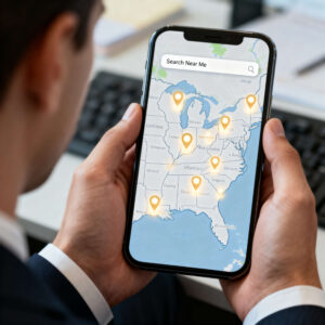 A digital map of the United States on a smartphone screen A digital map of the United States on a smartphone screen